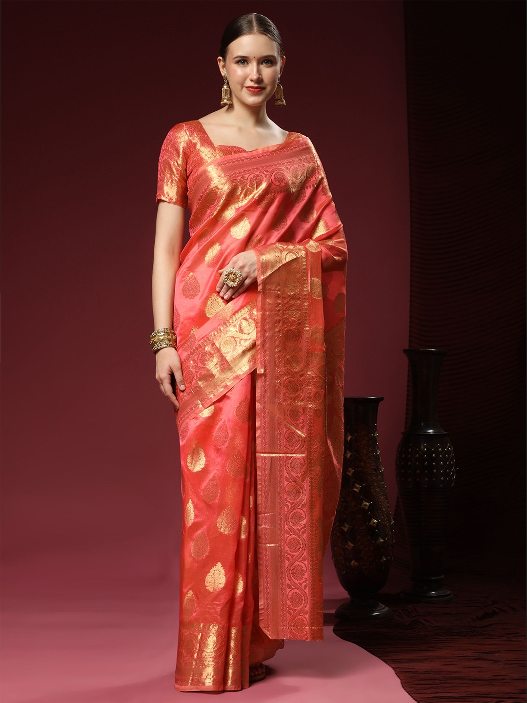 

V3 FASHION STUDIO Ethnic Motifs Woven Design Zari Pure Silk Banarasi Saree, Peach