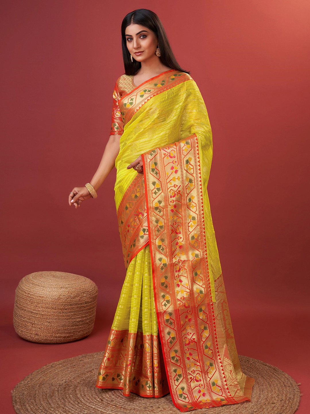 

V3 FASHION STUDIO Ethnic Motifs Woven Design Zari Pure Silk Banarasi Saree, Yellow