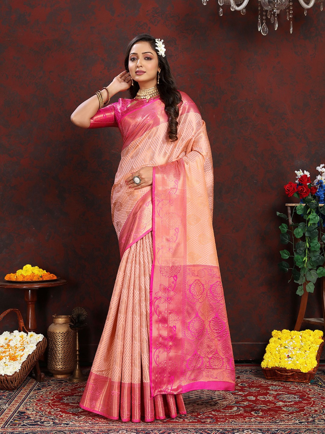 

V3 FASHION STUDIO Woven Design Pure Silk Banarasi Saree, Peach