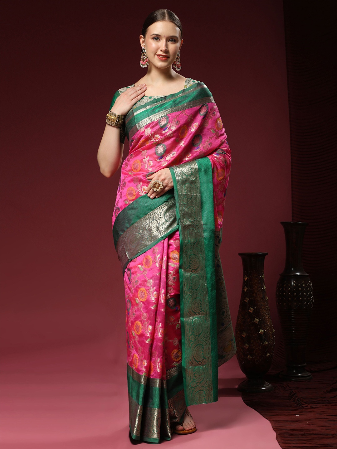 

V3 FASHION STUDIO Woven Design Pure Silk Banarasi Saree, Pink