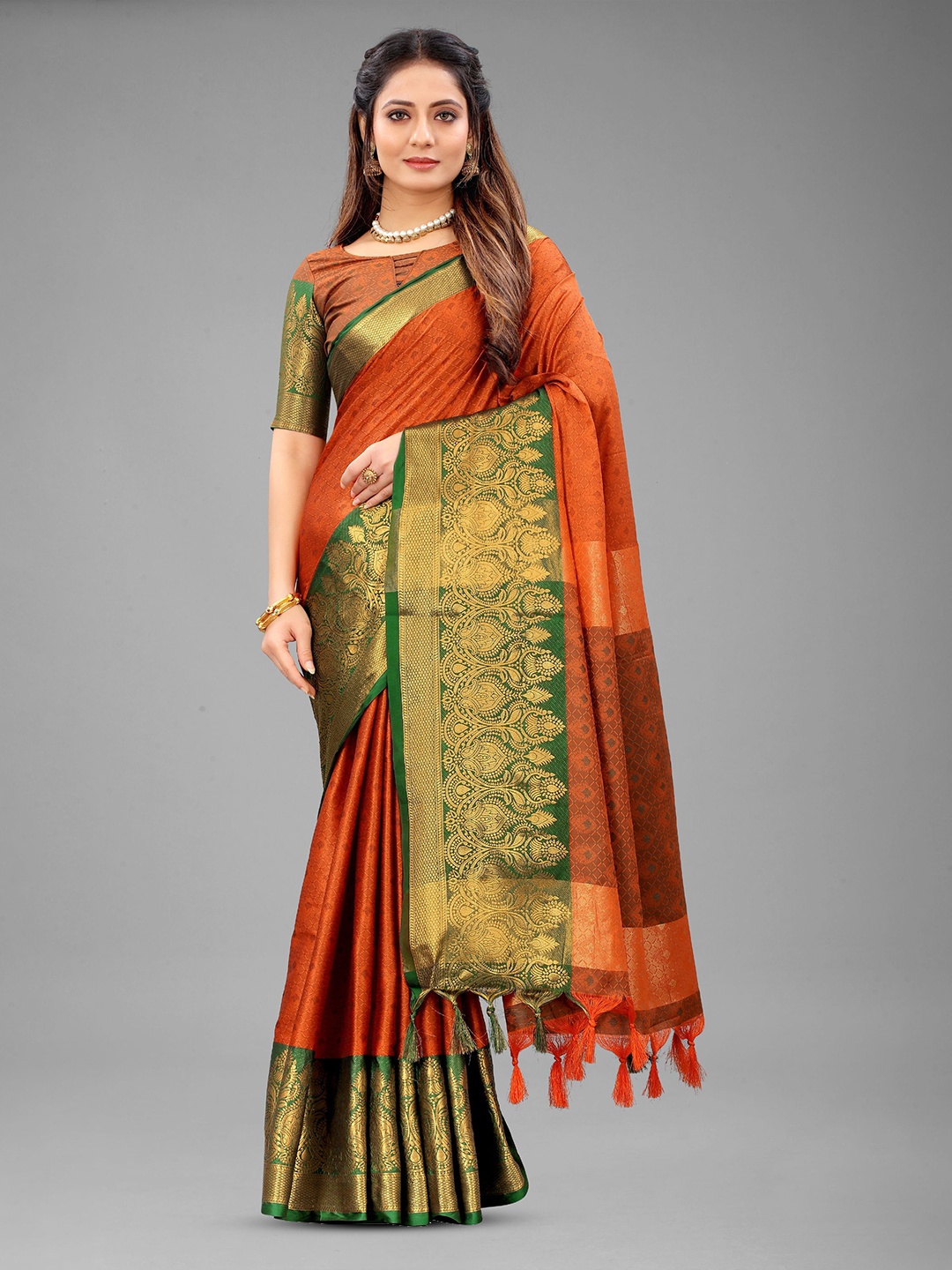 

V3 FASHION STUDIO Ethnic Motifs Woven Design Zari Pure Silk Banarasi Saree, Orange