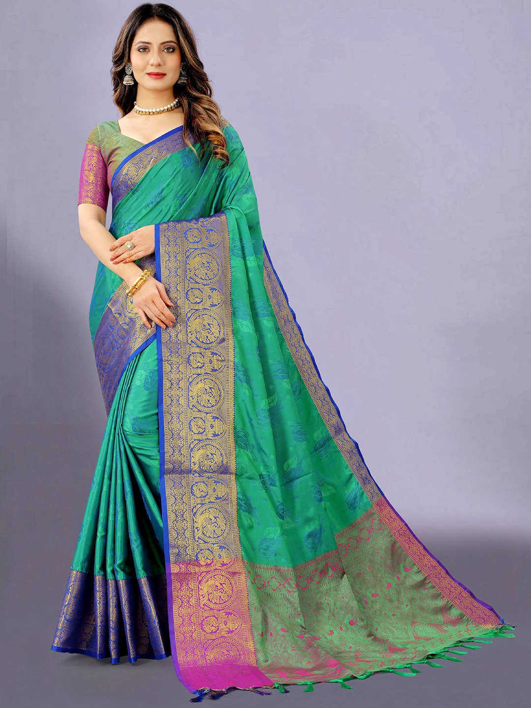 

V3 FASHION STUDIO Floral Zari Pure Silk Banarasi Saree, Teal