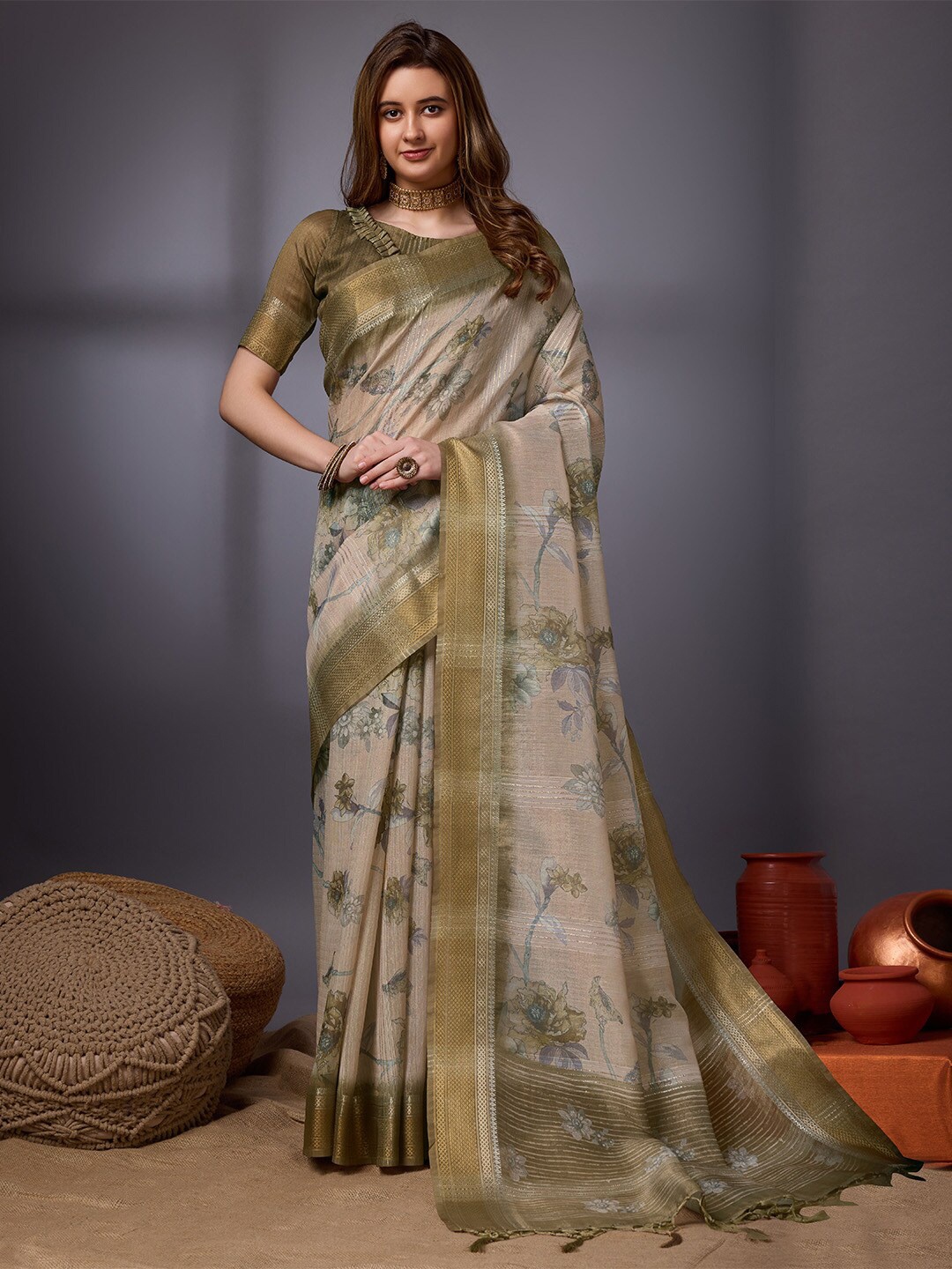 

Ishin Green Floral Printed Organza Zari Saree