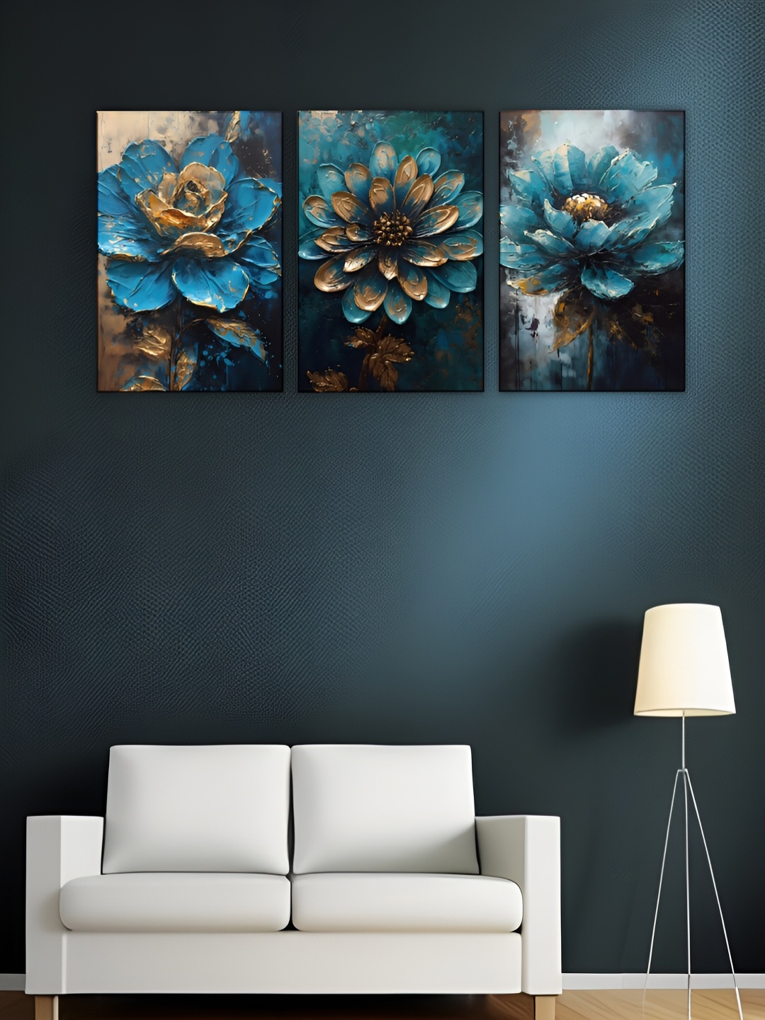 

WALLMAX White & Blue 3 Pieces Wooden Floral Wall Art