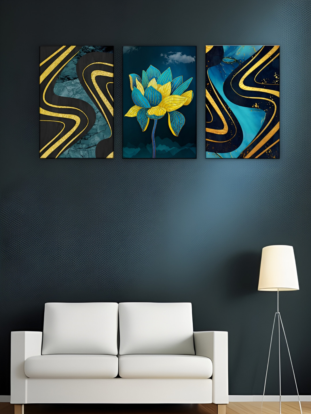 

WALLMAX Blue & Yellow 3 Pieces Wooden Floral Wall Art