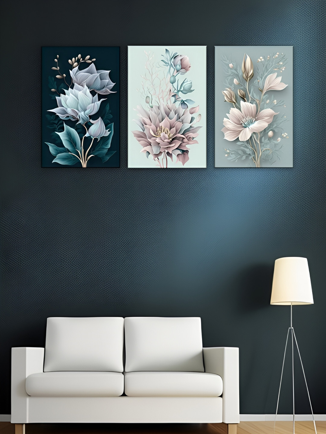 

WALLMAX Grey & Blue 3 Pieces Floral & Botanical Wooden Wall Arts