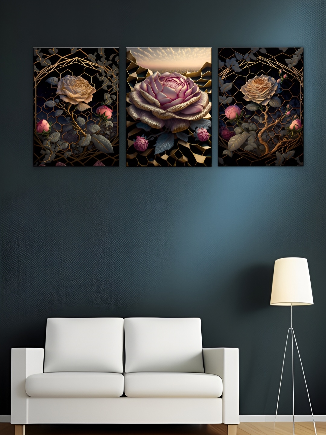 

WALLMAX 3 Piece Wooden Floral and Botanical Wall Paintings, Black