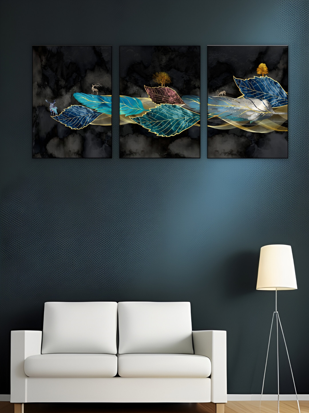 

WALLMAX Blue 3 Piece Wooden Floral and Botanical Wall Paintings, Black