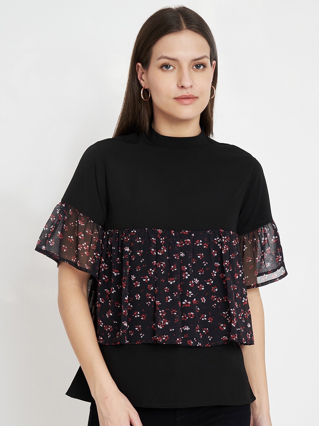 

CHARMGAL Floral Printed High Neck Bell Sleeves Tiered Top, Black