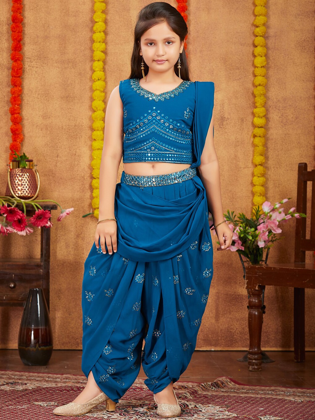 

Aarika Girls Seqiun-Embroiderd Mirror Work Top With Dhoti Pants & Dupatta, Teal