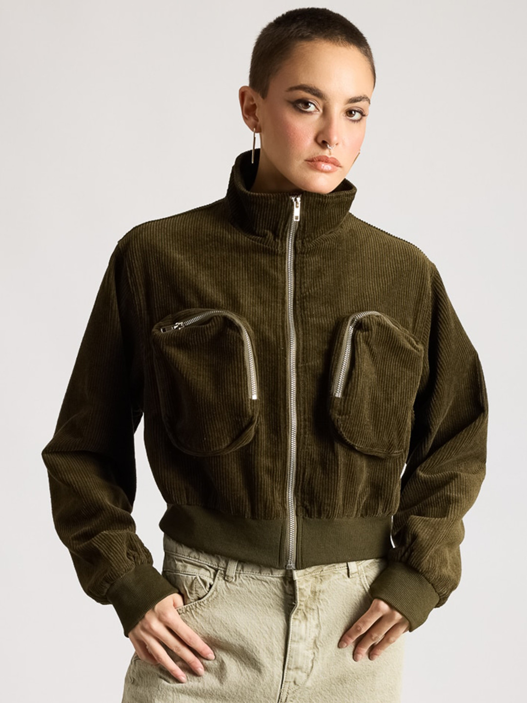 

FREAKINS Mock Collar Pure Cotton Cropped Sporty Jacket, Olive