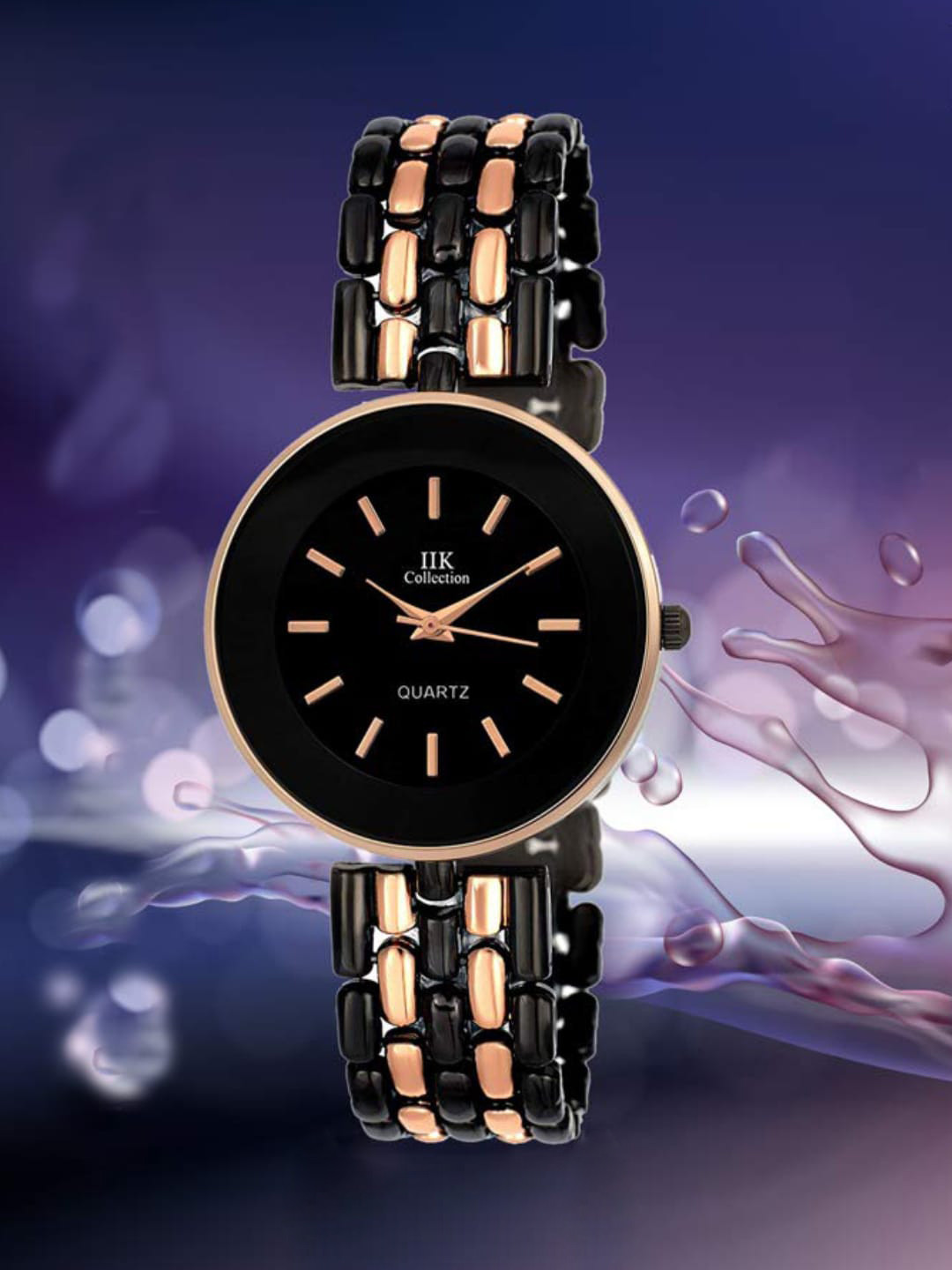 

IIK COLLECTION Women Black & Rose Gold Round Dial Stainless Steel Analogue Watch