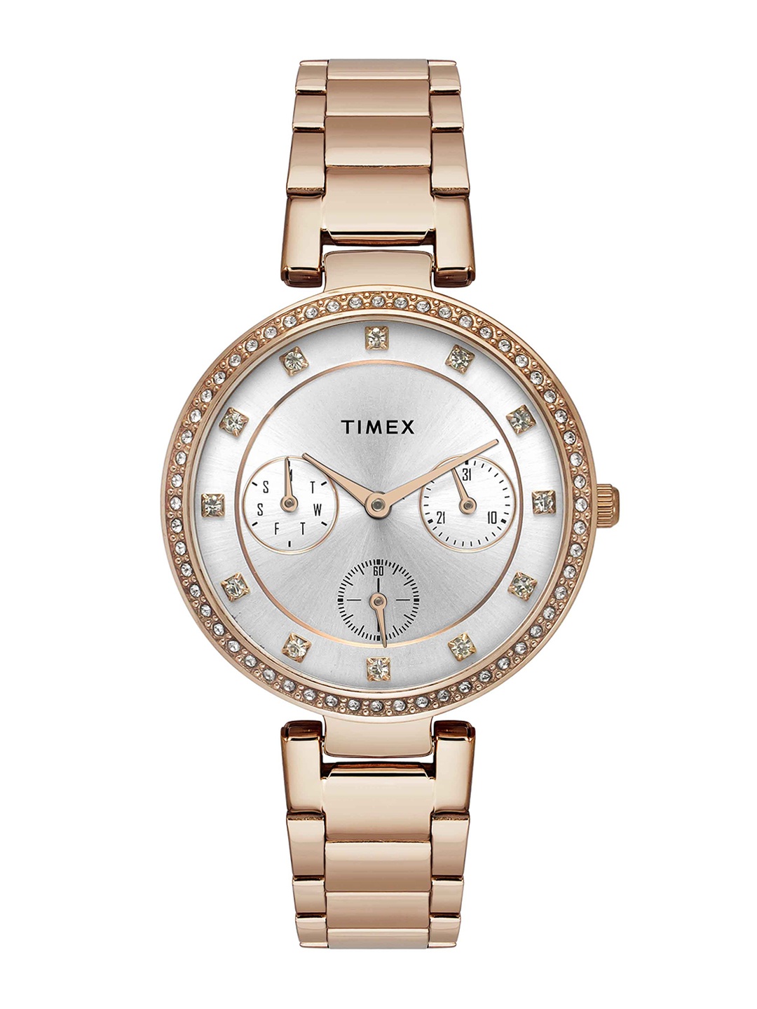 

Timex Women Embellished Dial & Stainless Steel Bracelet Style Analogue Watch TWEL18702, Silver