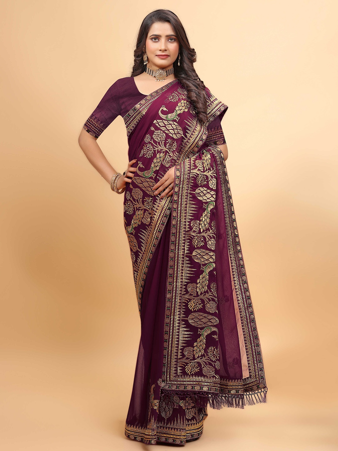 DRIZOMIZ Floral Embroidered Pure Georgette Heavy Work Ikat Saree, Purple