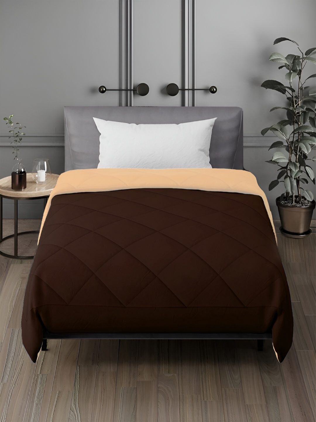 

Aura Coffee Brown & Beige Microfiber AC Room 150 GSM Single Bed Quilt