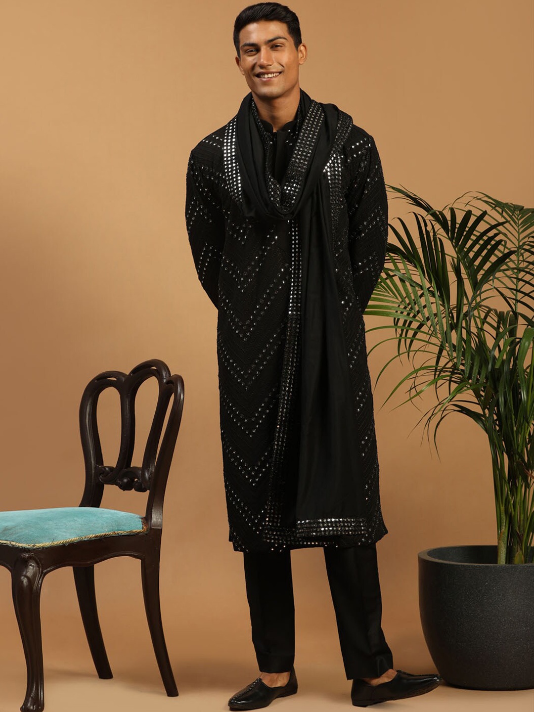 

VASTRAMAY Embroidered Georgette Straight Kurta With Pyjamas & Dupatta, Black