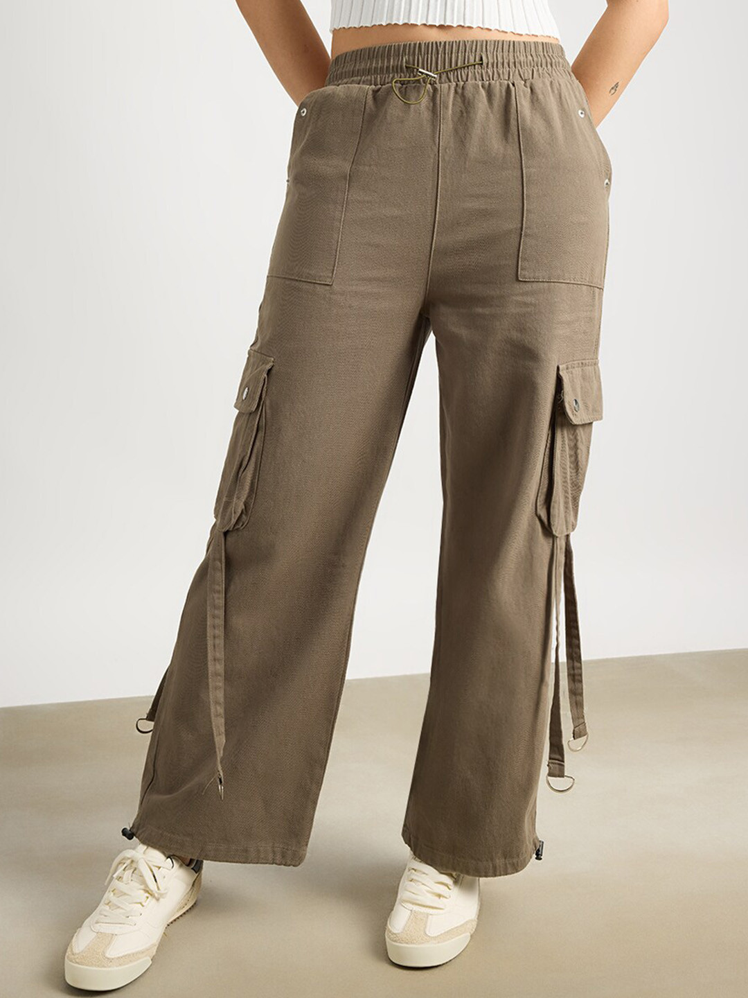 

FREAKINS Women Straight Fit High-Rise Pure Cotton Cargos, Brown