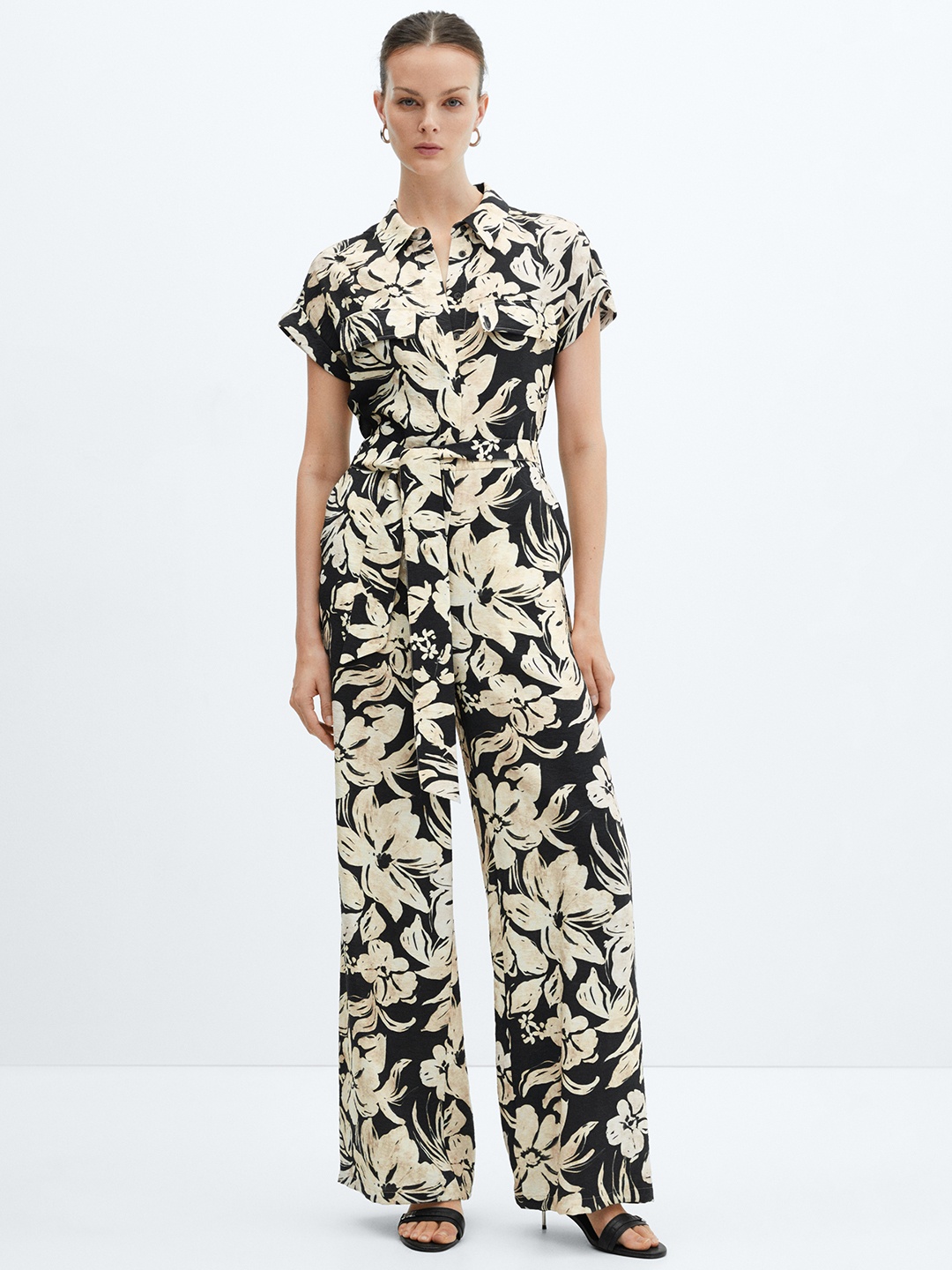 

MANGO Floral Printed Basic Jumpsuit, Black