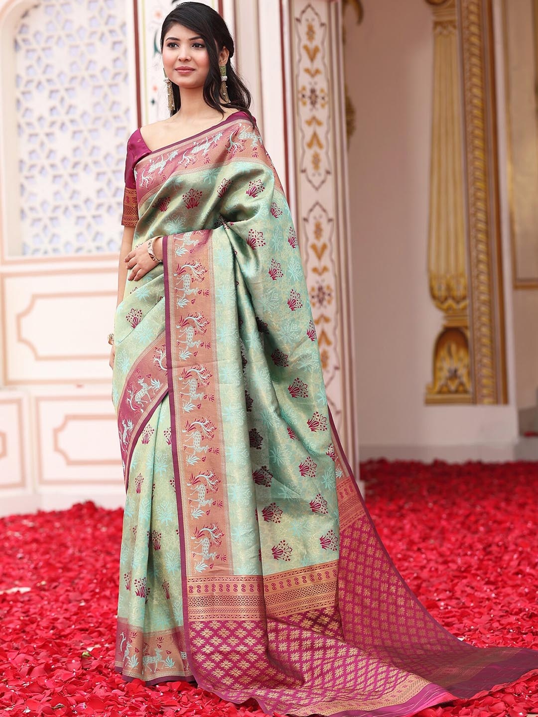 

Om Shantam Sarees Woven Design Art Silk Designer Kanjeevaram Saree, Sea green