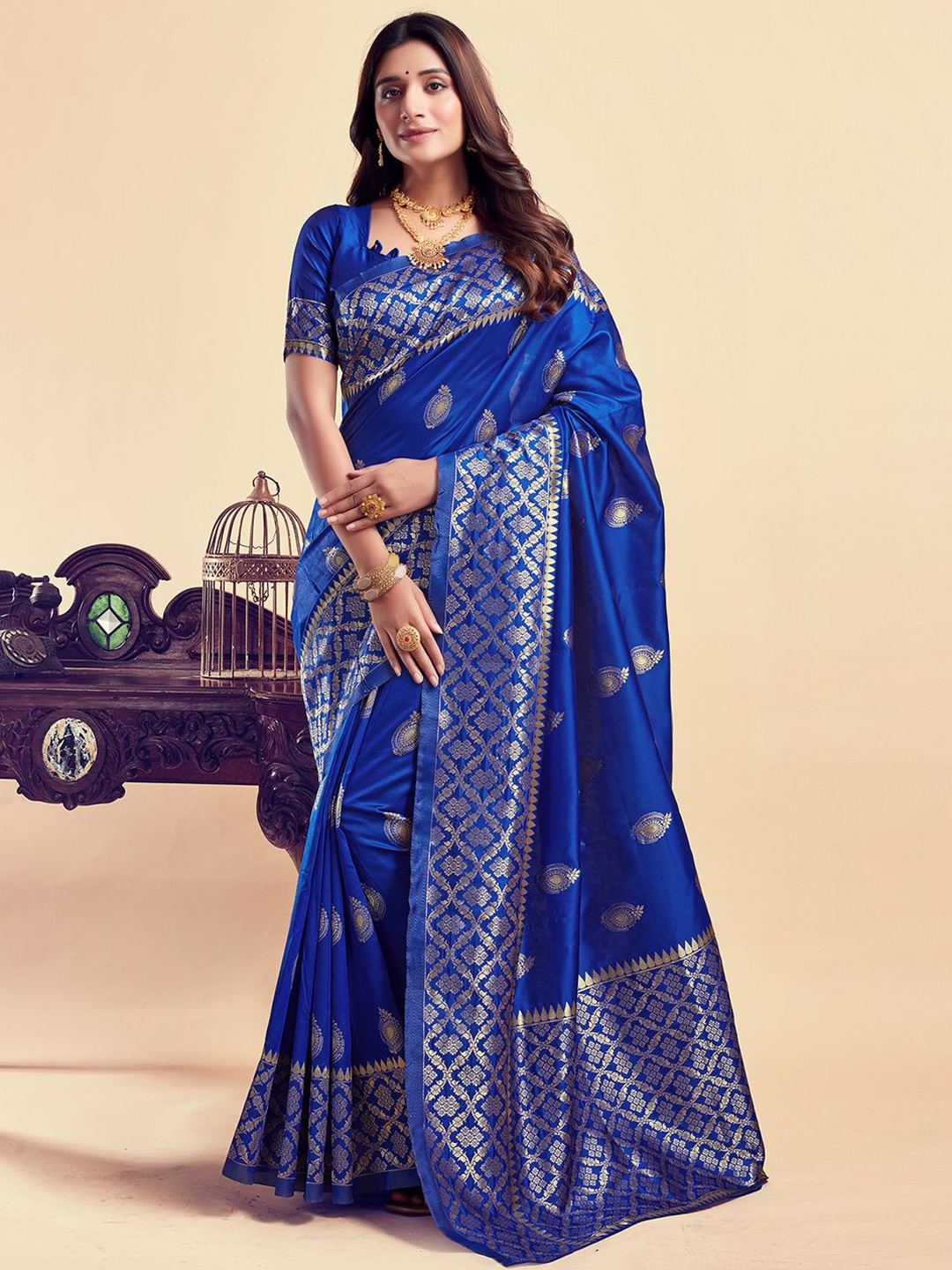 

KALINI Ethnic Motifs Zari Banarasi Saree, Navy blue