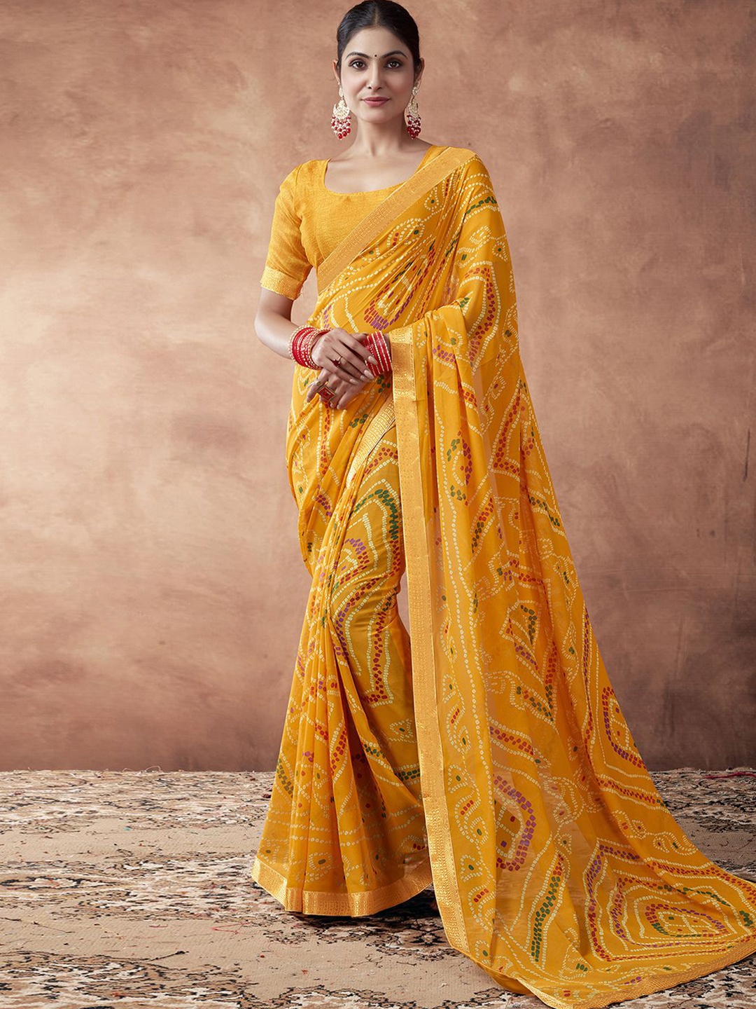 

KALINI Bandhani Zari Pure Georgette Bandhani Saree, Yellow