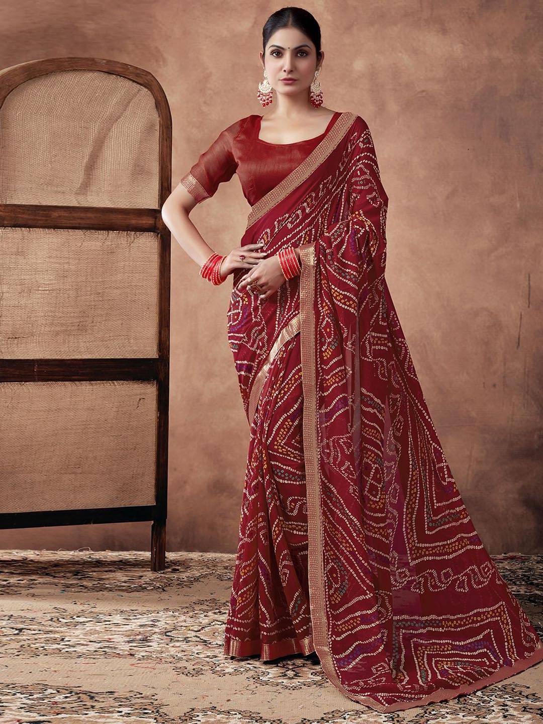 

KALINI Bandhani Zari Pure Georgette Bandhani Saree, Red