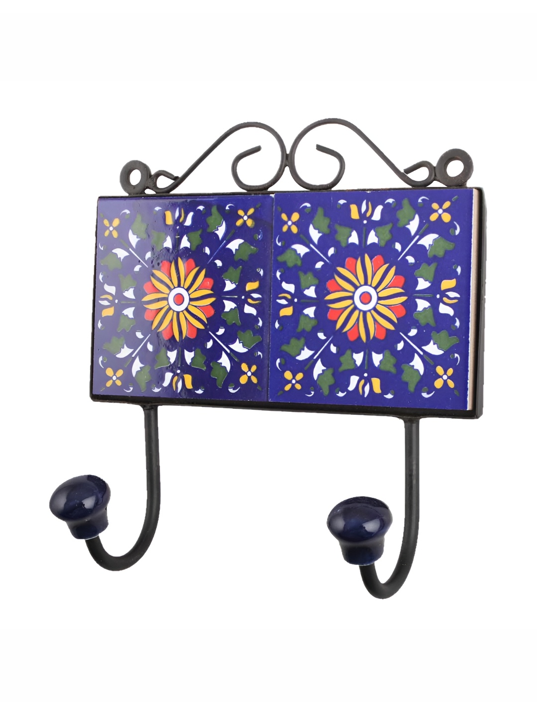 

Indianshelf Blue & Green Floral Tile Wall Hooks Key Holder