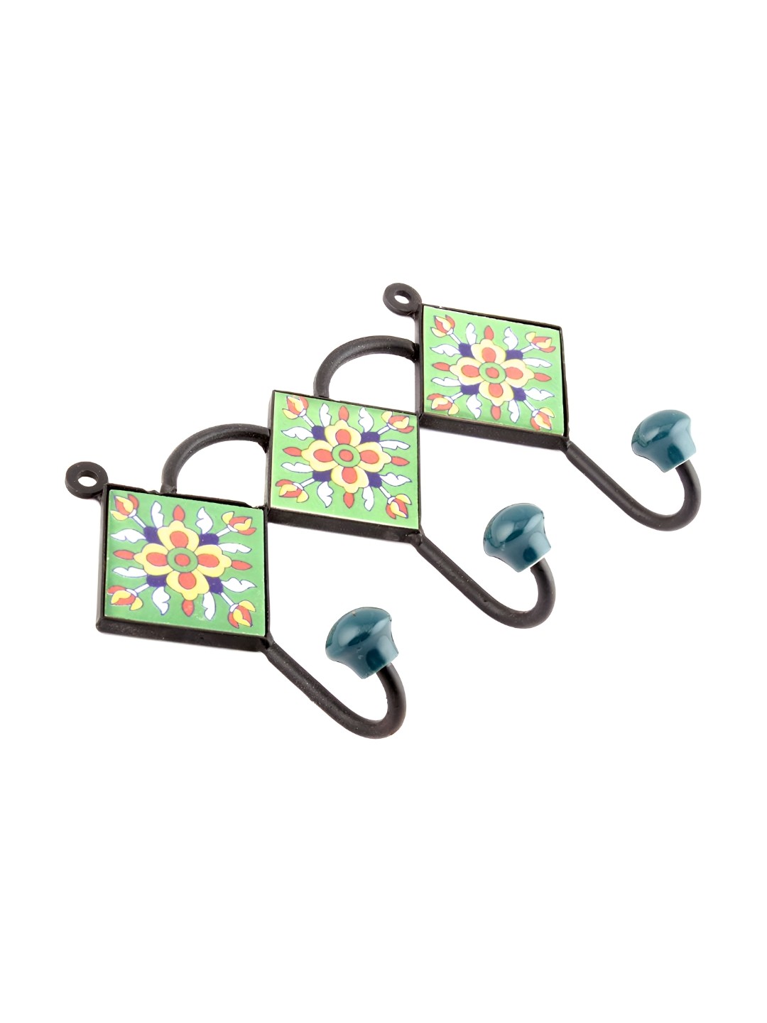 

Indianshelf Green & White Floral Printed Ceramic Tile Wall Hook Key Holder