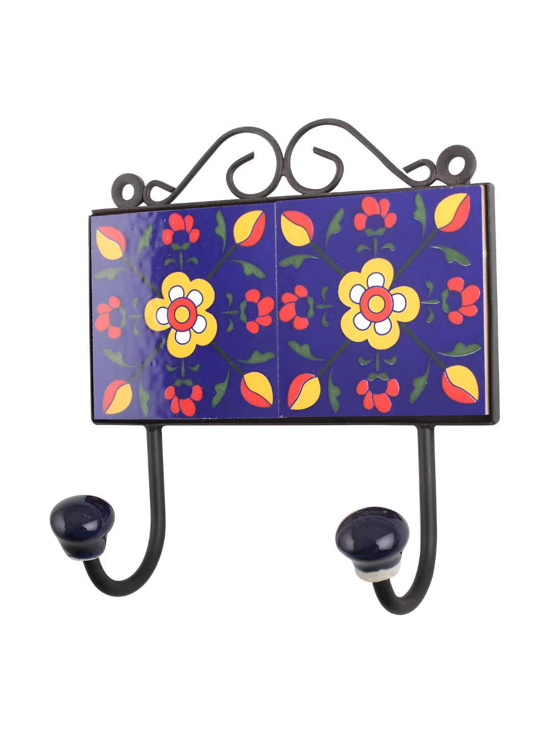 

Indianshelf Blue & Yellow Floral Printed Tile Wall Hooks Key Holder
