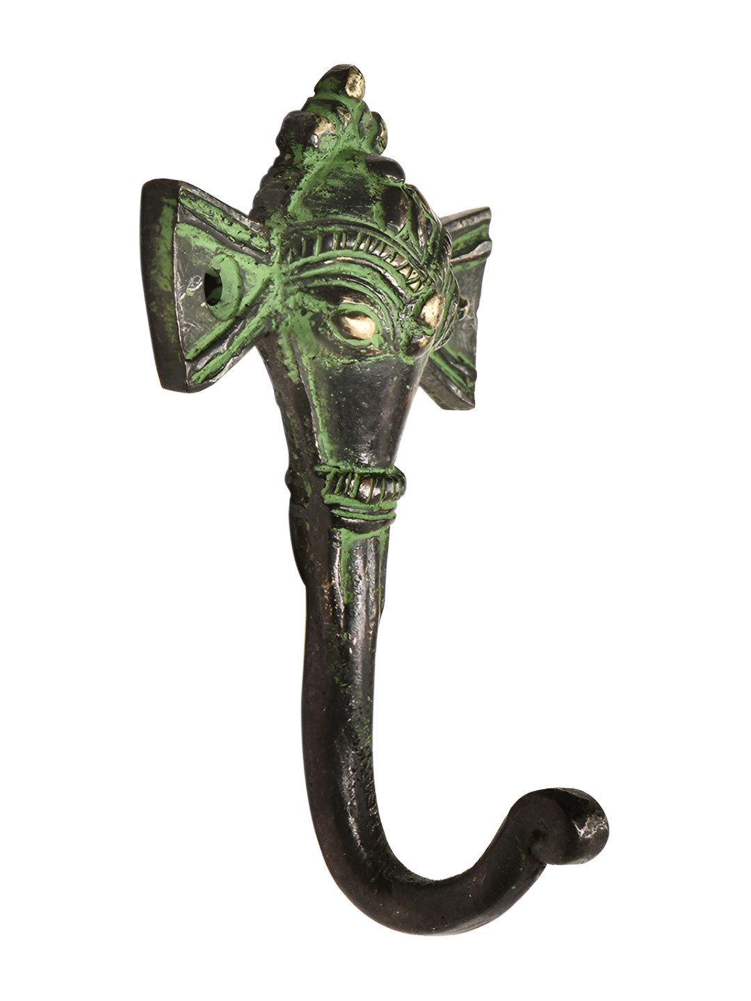 

Indianshelf Green Brass Tribal Elephant Face Wall Hook, Gold