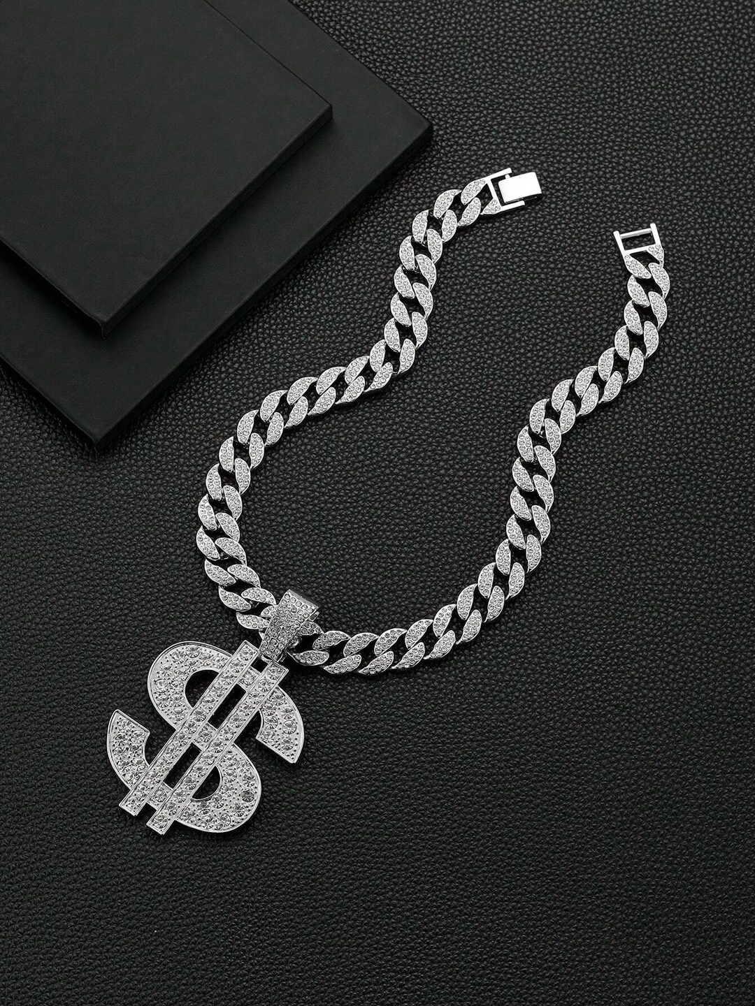 

VAGHBHATT Silver-Plated Rhinestone-Studded Dollar Sign Pendants With Chains