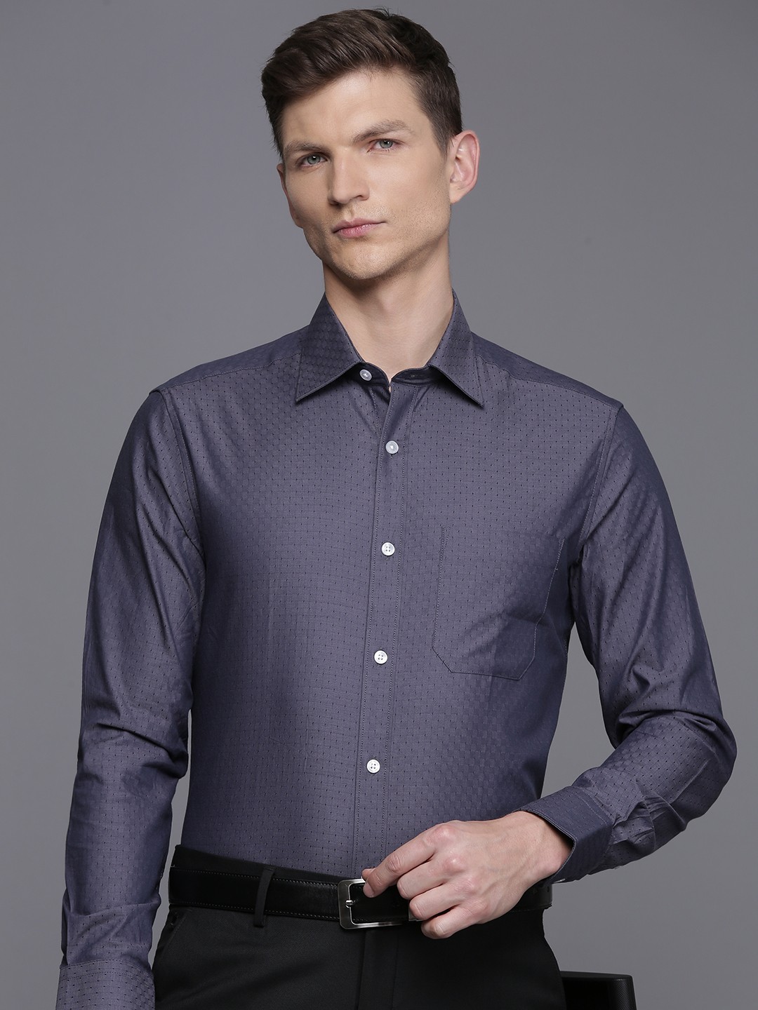 

Louis Philippe Pure Cotton Self Design Classic Fit Textured Formal Shirt, Purple