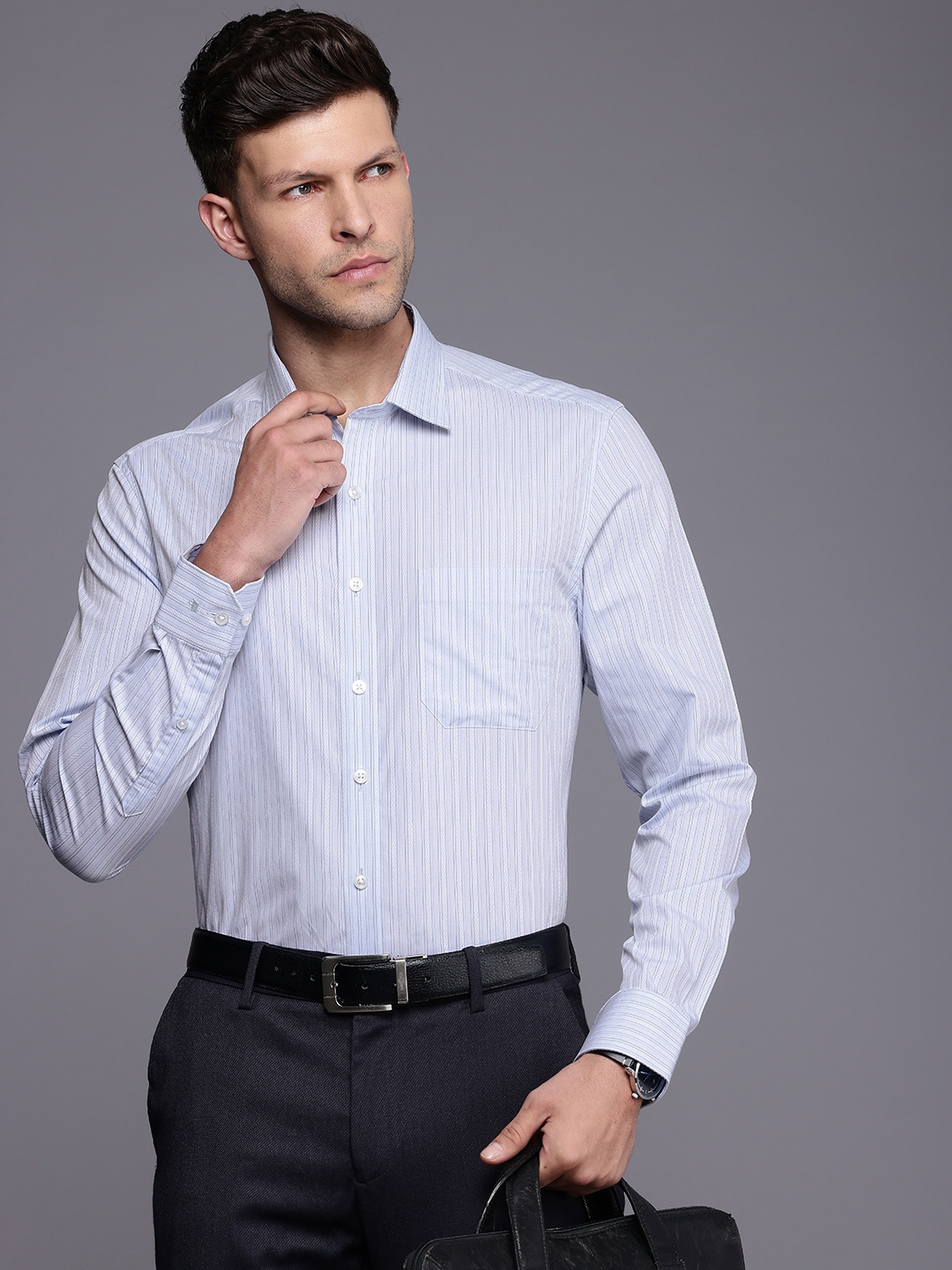 

Louis Philippe Pure Cotton Slim Fit Opaque Striped Formal Shirt, Blue