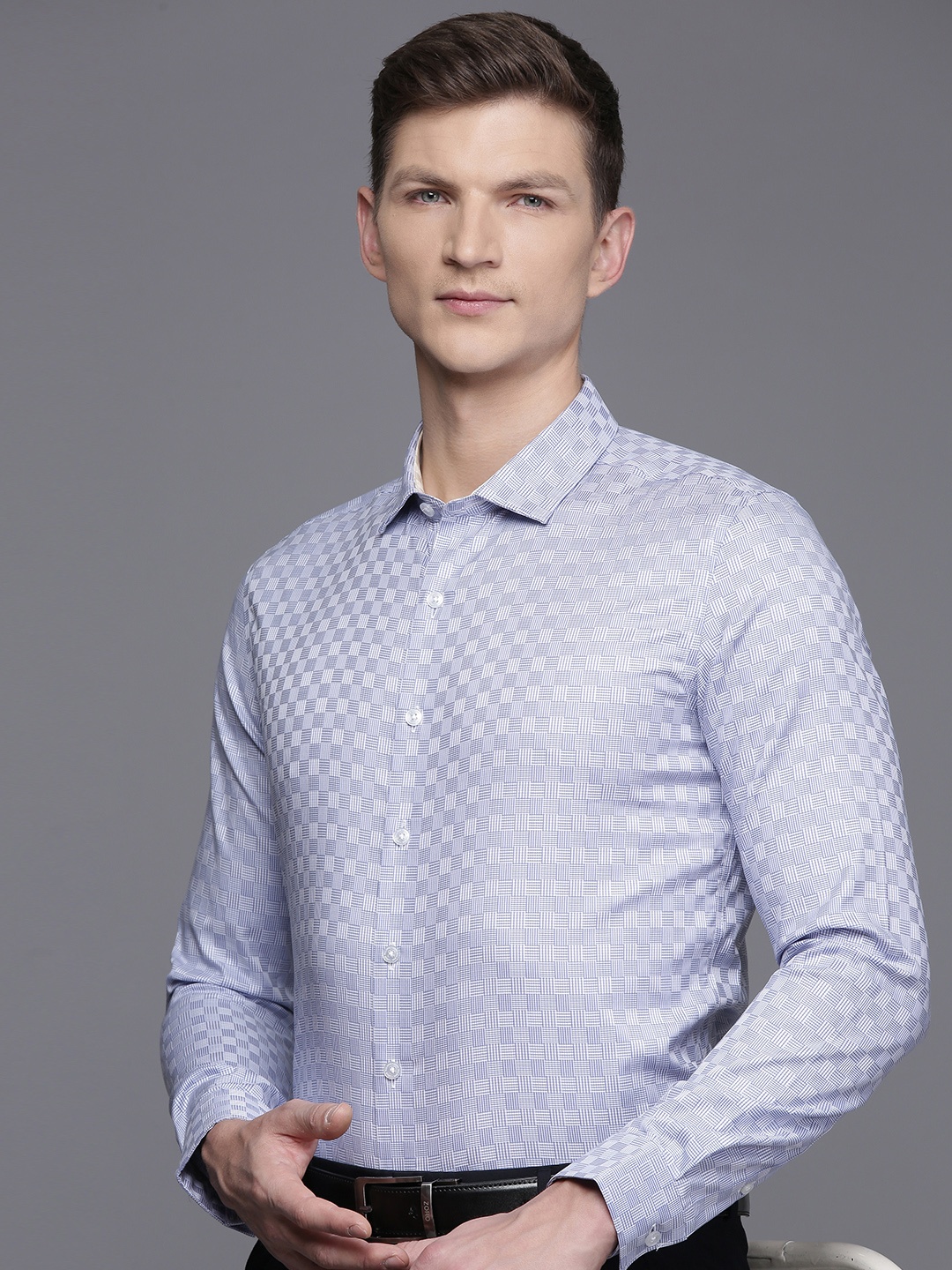 Louis Philippe Super Slim Fit Opaque Checked Formal Shirt, Blue