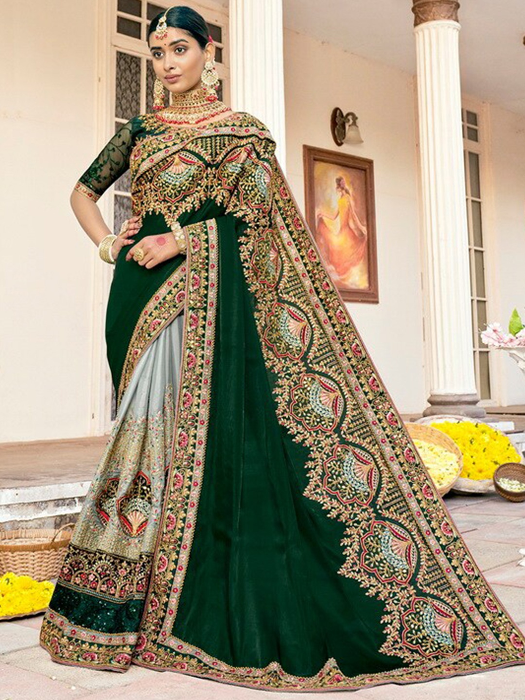 

Kalista Floral Embroidered Saree, Green