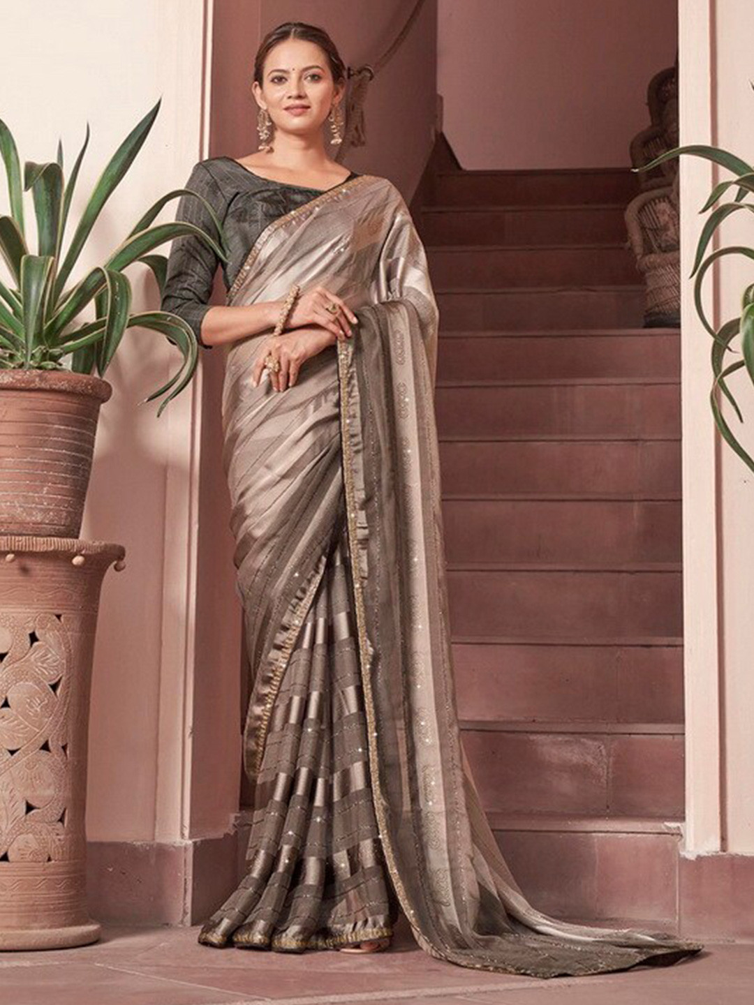 

Kalista Striped Beads and Stones Saree, Brown