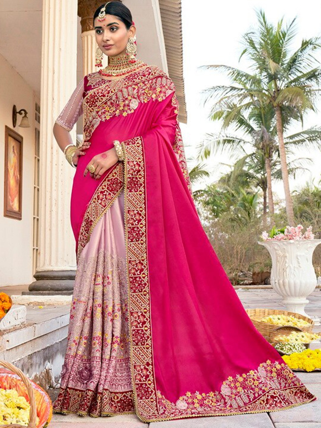 

Kalista Ethnic Motifs Embroidered Saree, Pink