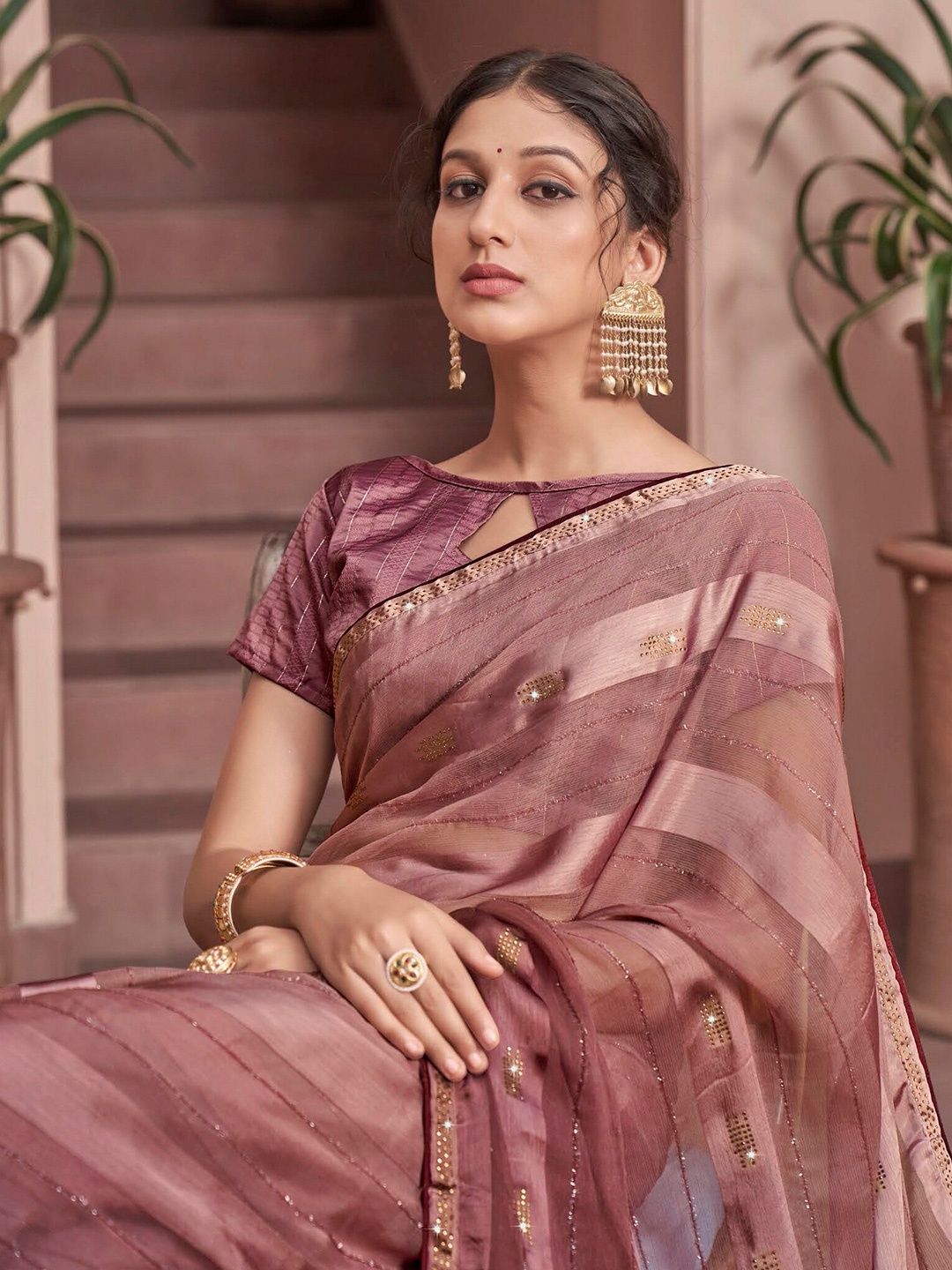 

Kalista Striped Beads and Stones Saree, Peach