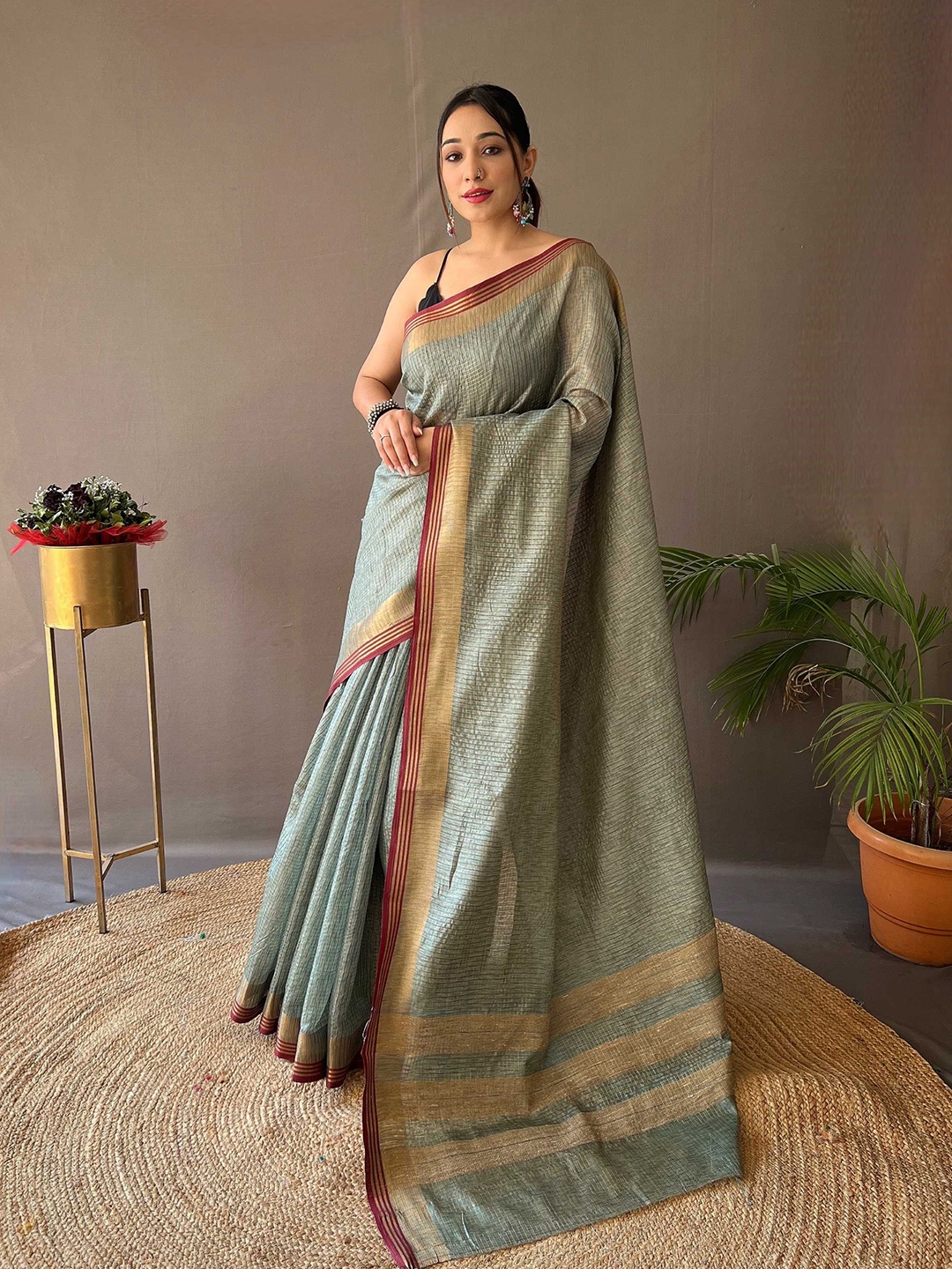 

Mitera Blue Checked Zari Saree