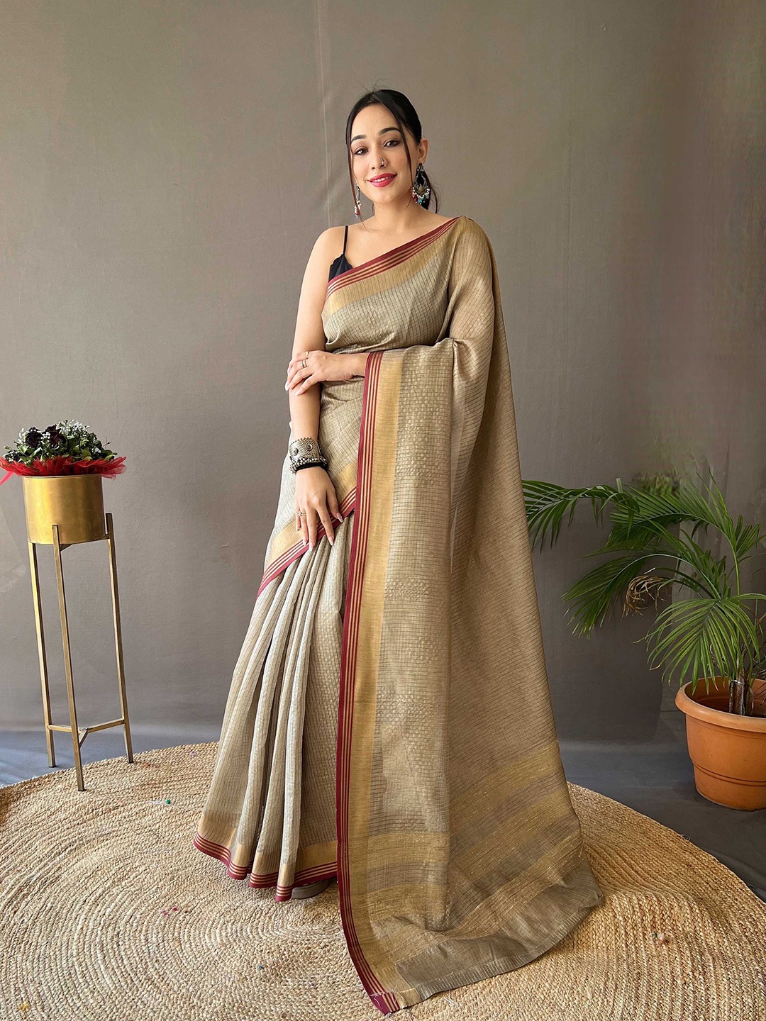 

Mitera Striped Woven Design Zari Saree, Beige