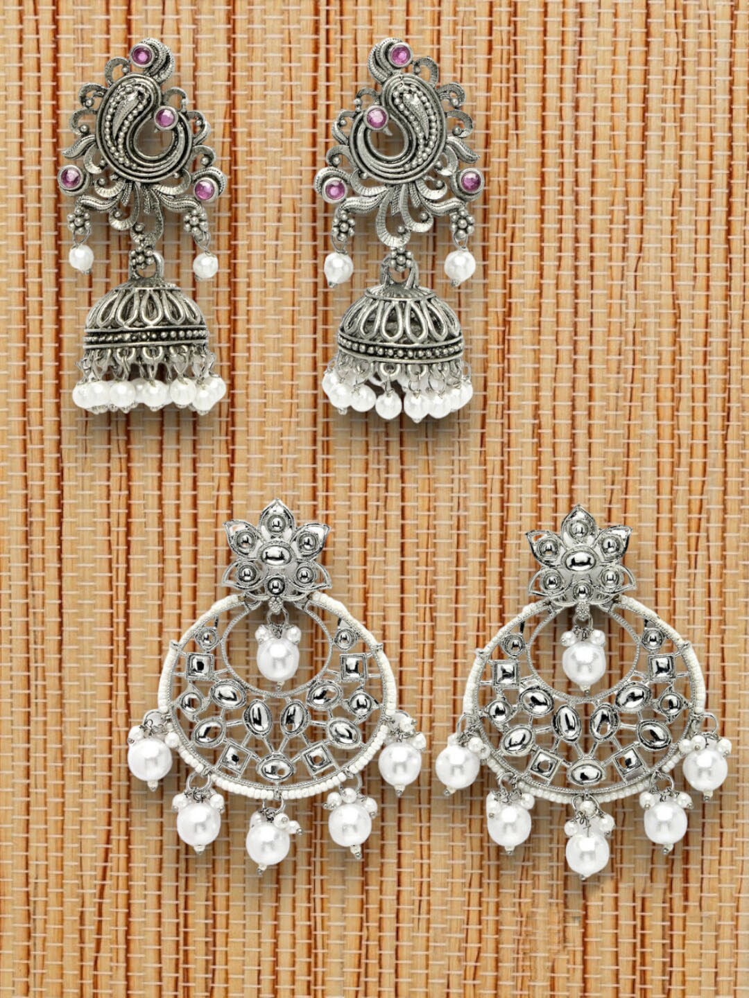 

ADIVA Set Of 2 Silver-Plated Kundan-Studded & Beaded Contemporary Oxidized Drop Earrings