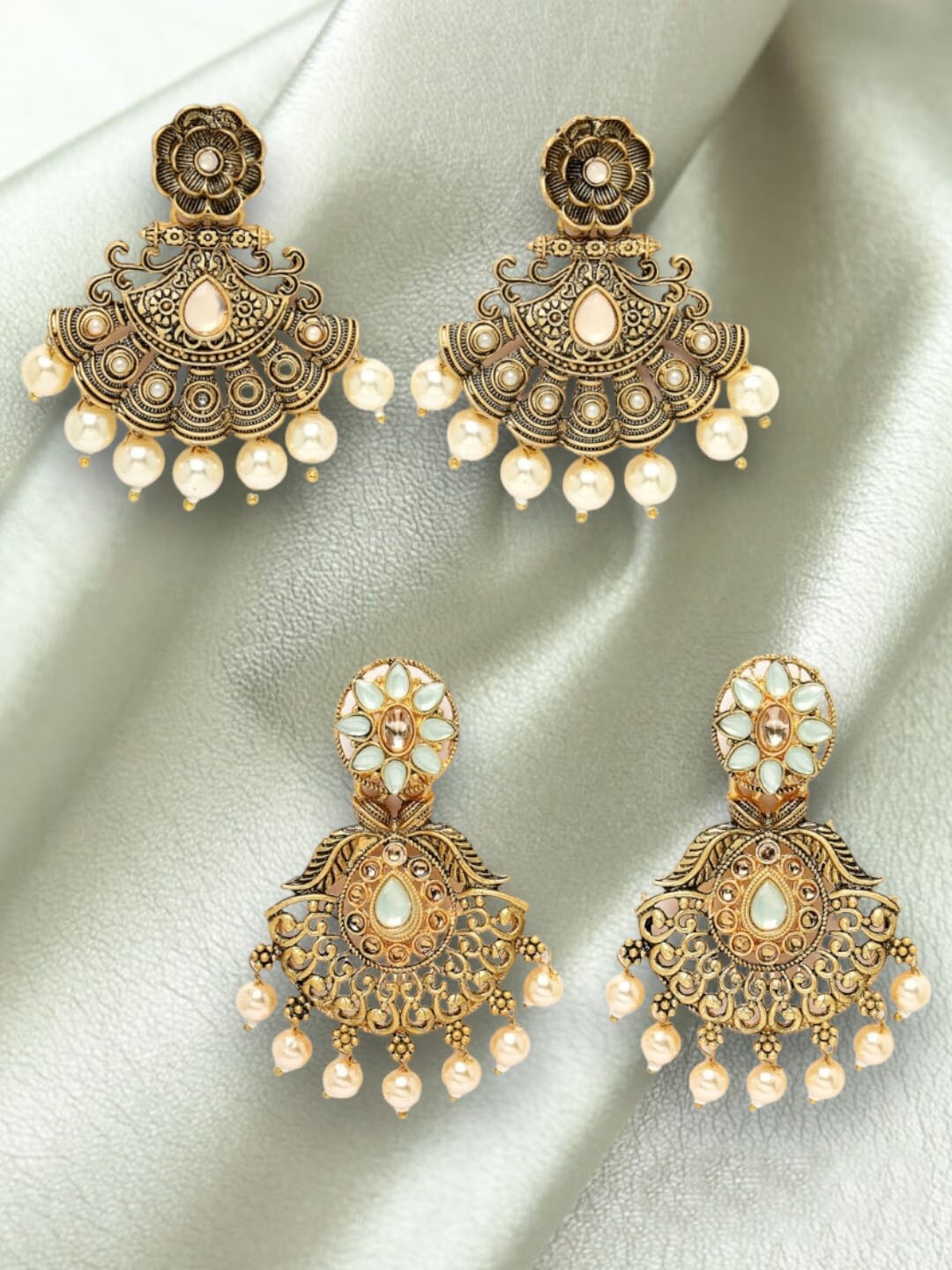 

ADIVA Set Of 2 Gold-Plated Stone-Studded & Beaded Classic Chandbalis