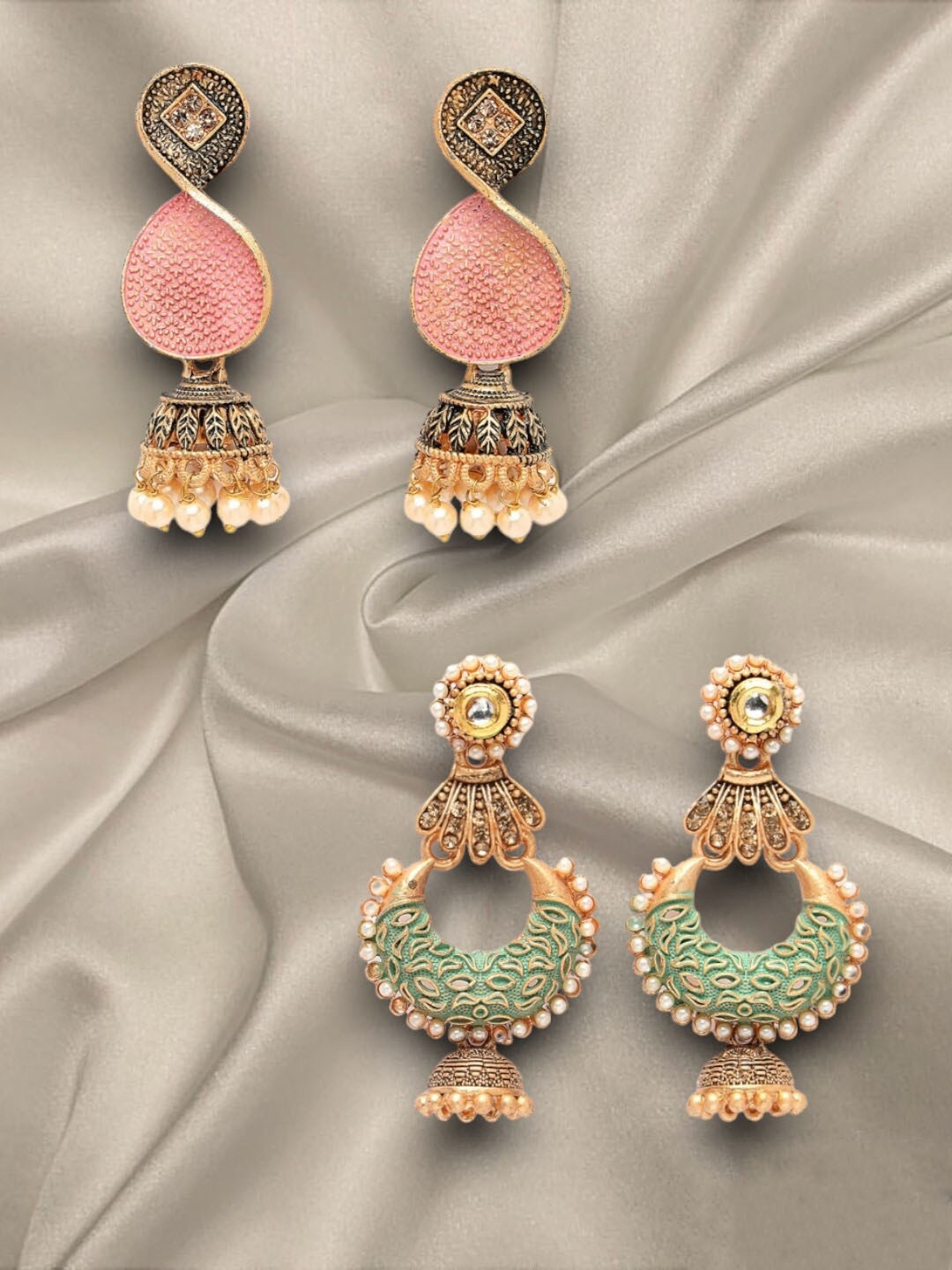

ADIVA Set Of 2 Gold-Plated Stone-Studded & Beaded Drop Earrings