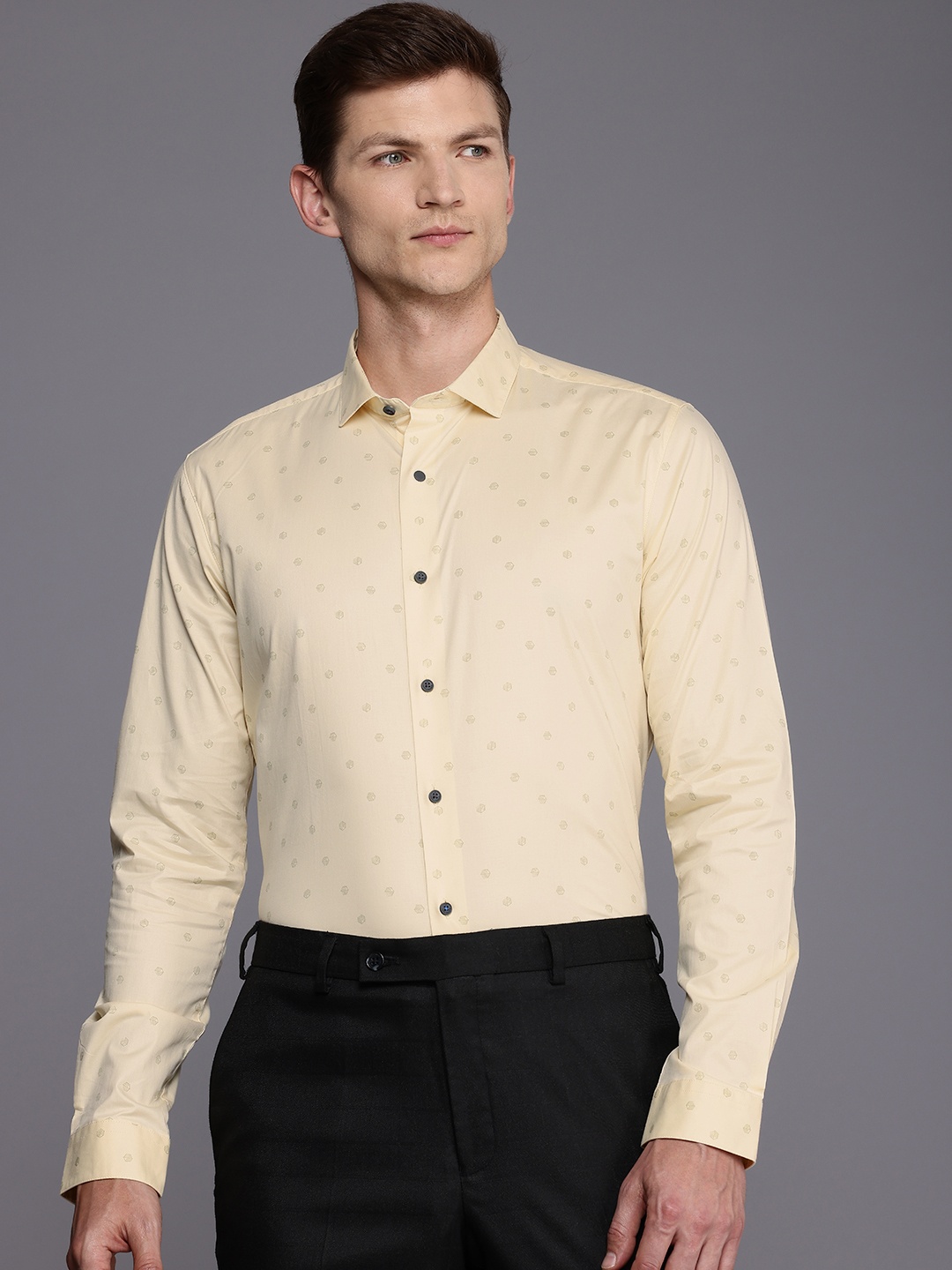 

Louis Philippe Ath.Work Super Slim Fit Opaque Printed Semiformal Shirt, Yellow