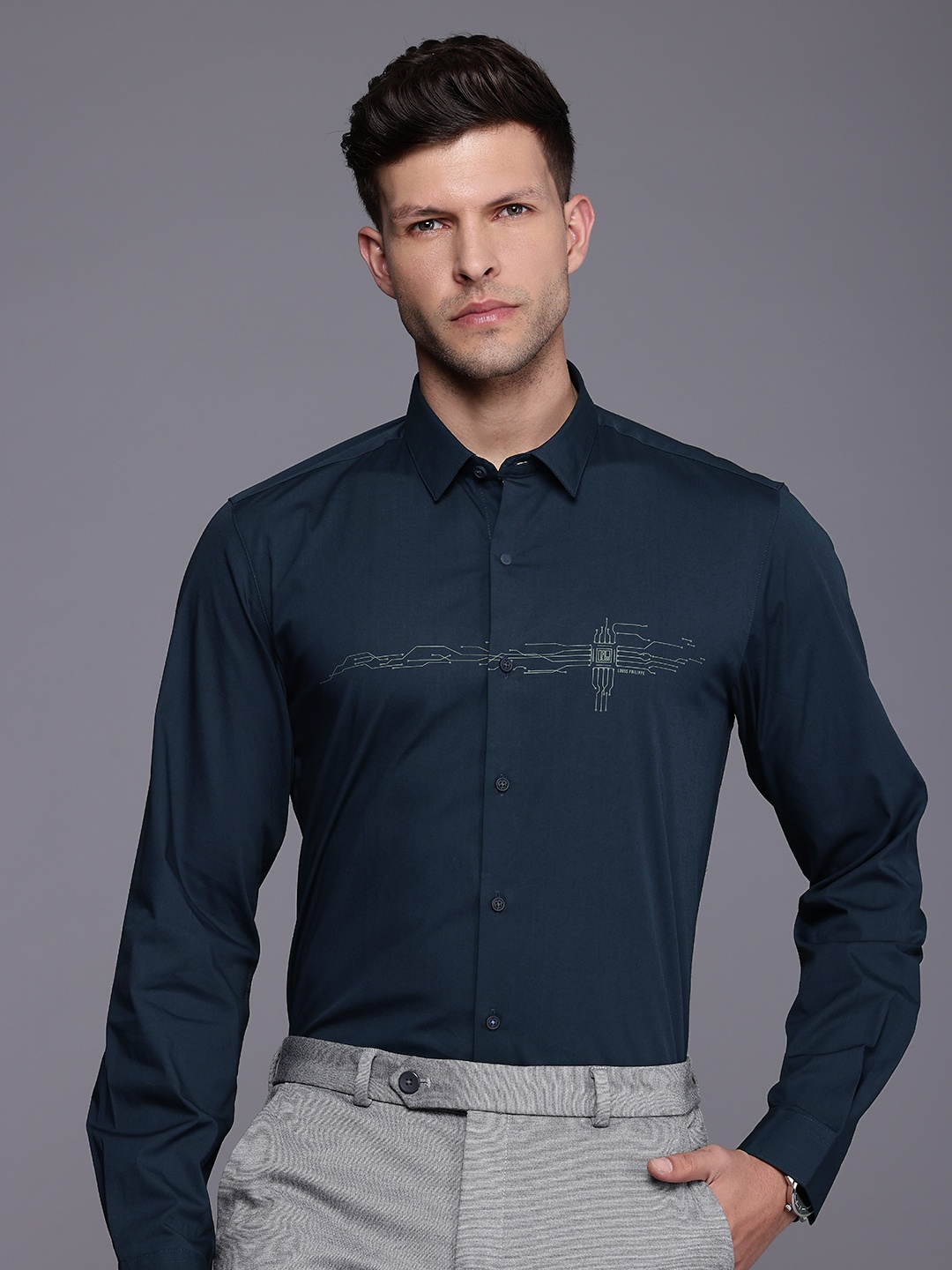 

Louis Philippe Ath.Work Men Super Slim Fit Printed Formal Shirt, Navy blue