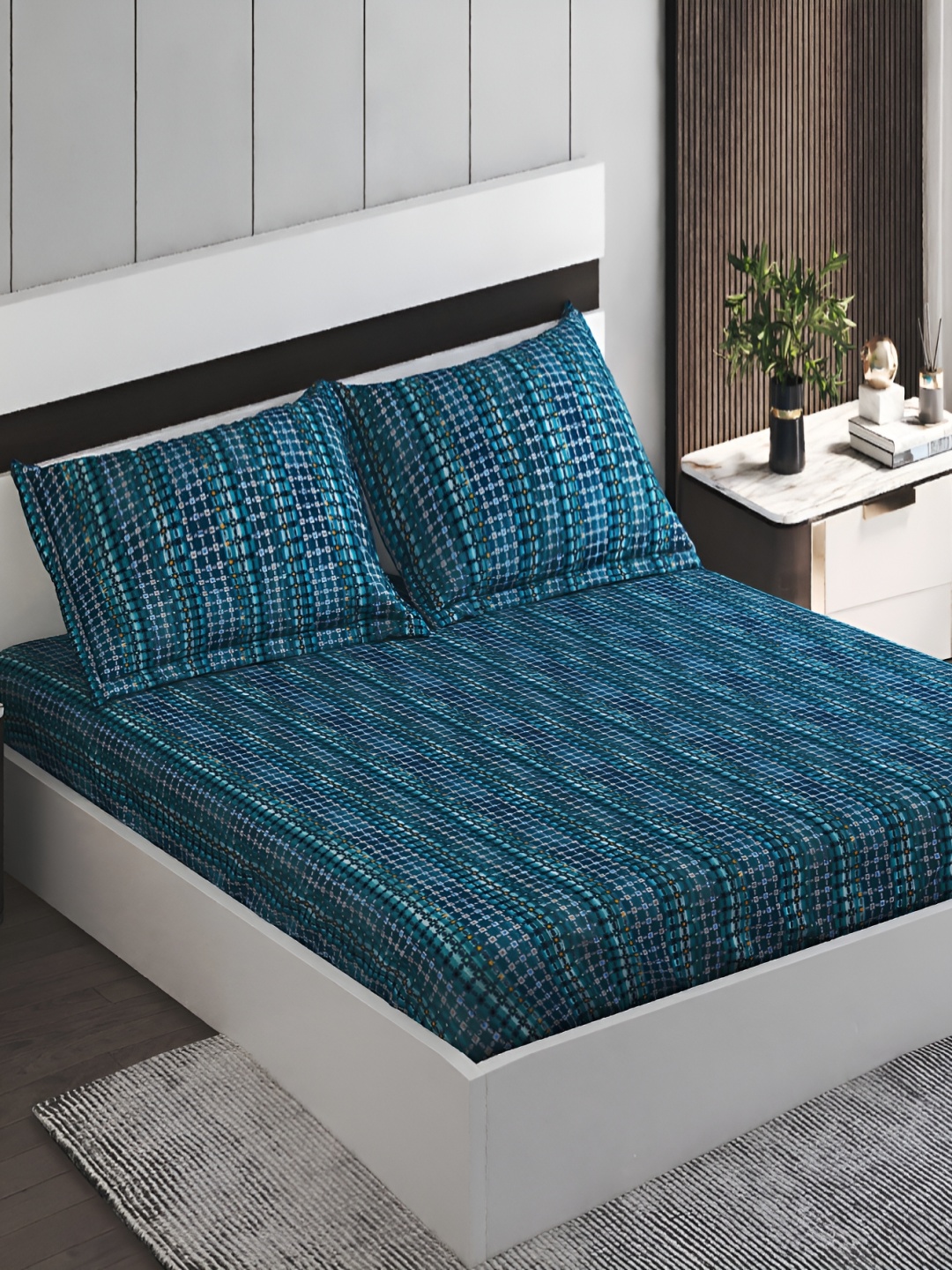 

Home Centre Blue Ethnic Motifs 144 TC Fitted Cotton King Bedsheet with Pillow Covers