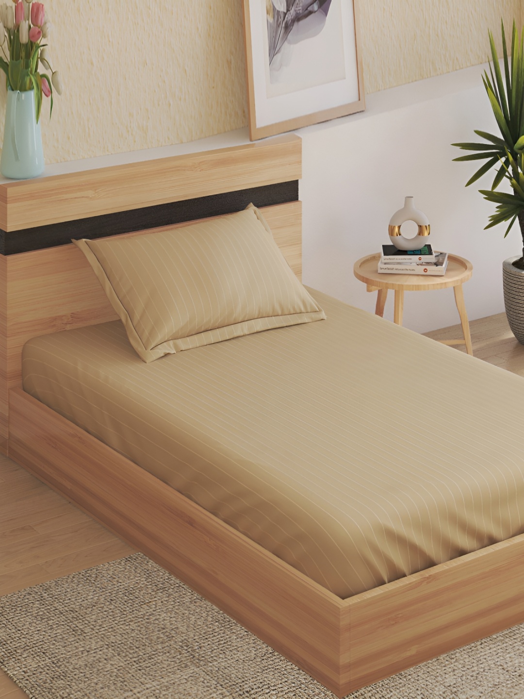 

Home Centre Beige Striped 210 TC Cotton Single Bedsheet with 4 Pillow Covers
