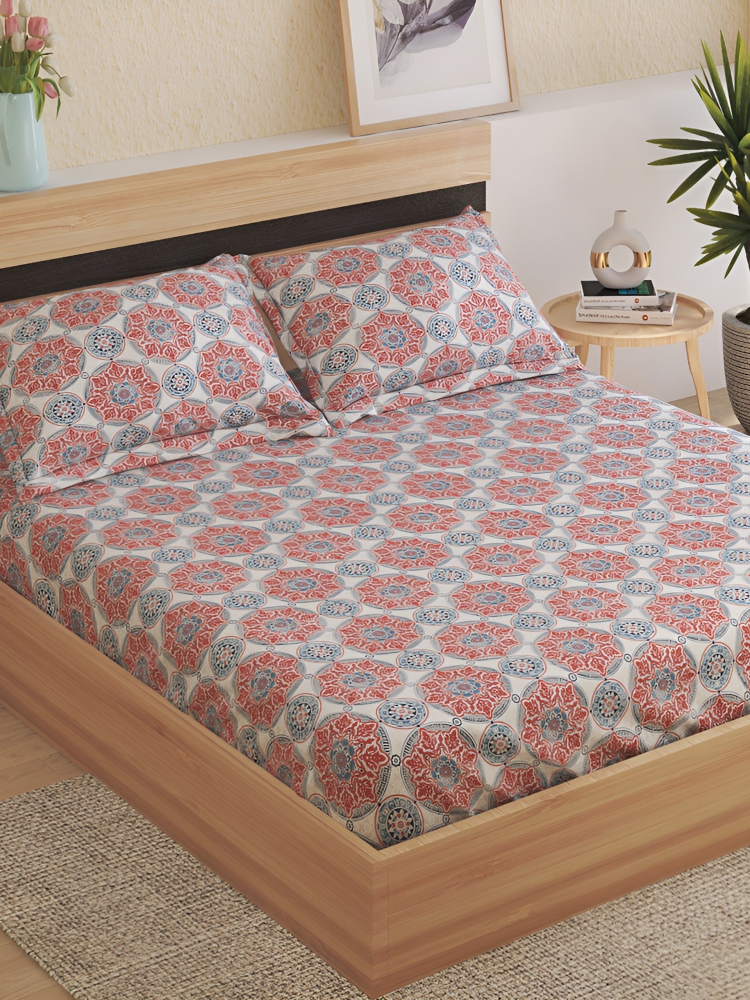 

Home Centre Red & Blue Ethnic Motifs 144 TC Cotton King Bedsheet with Pillow Covers