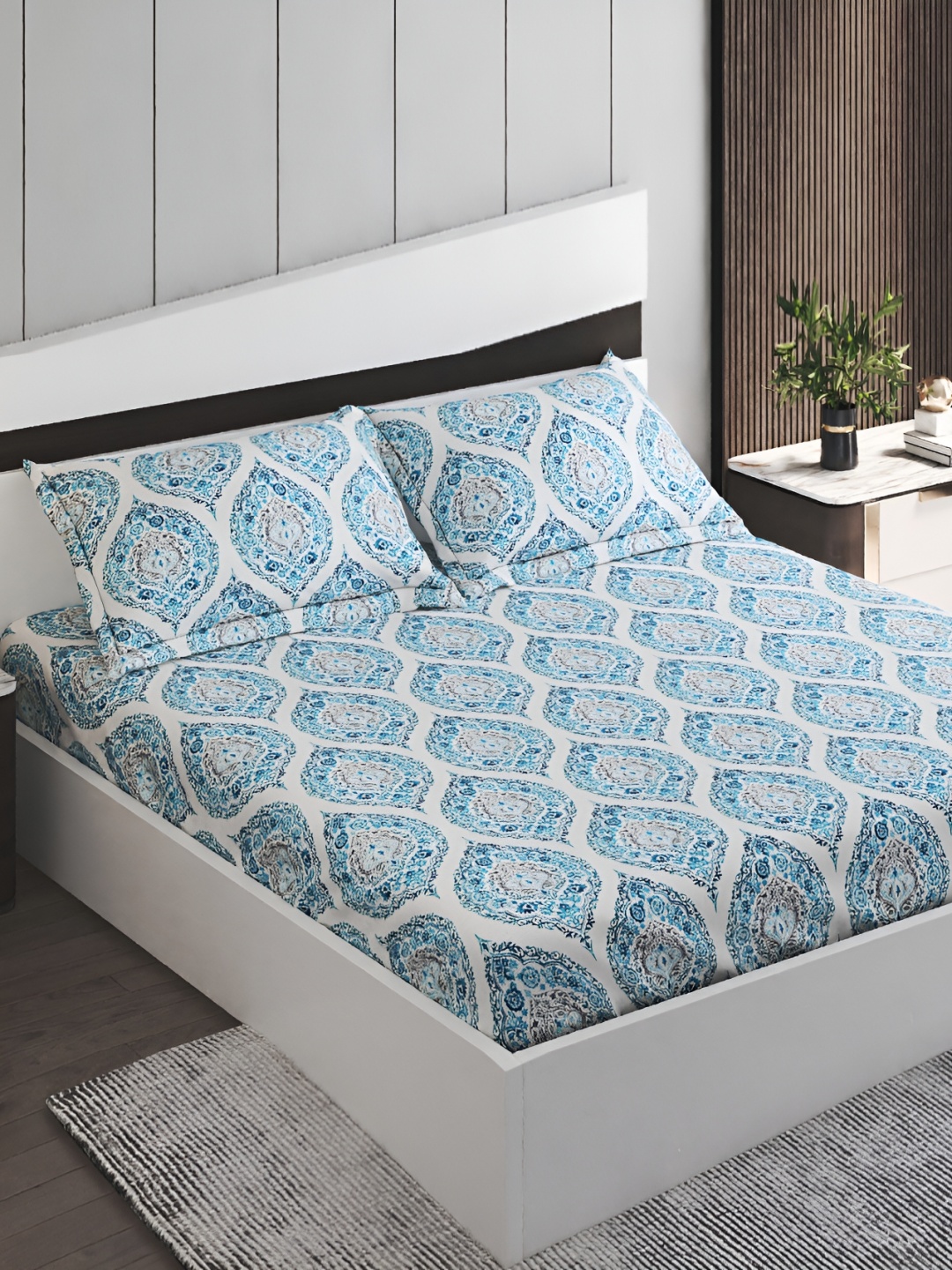 

Home Centre Blue & Ethnic Motifs 144 TC Cotton Fitted King Bedsheet with Pillow Covers