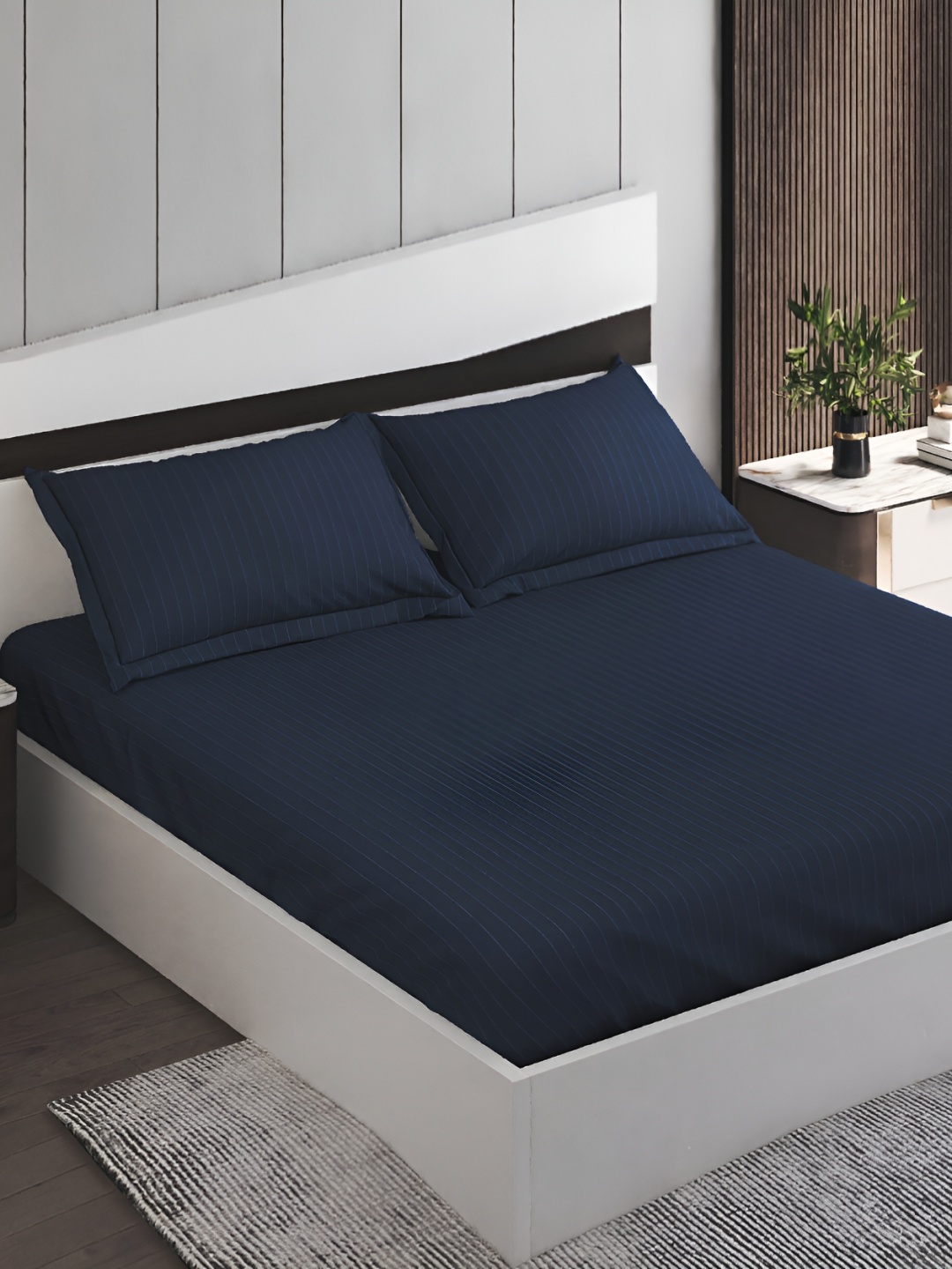

Home Centre Blue Striped 210 TC Cotton Fitted King Bedsheet with Pillow Covers